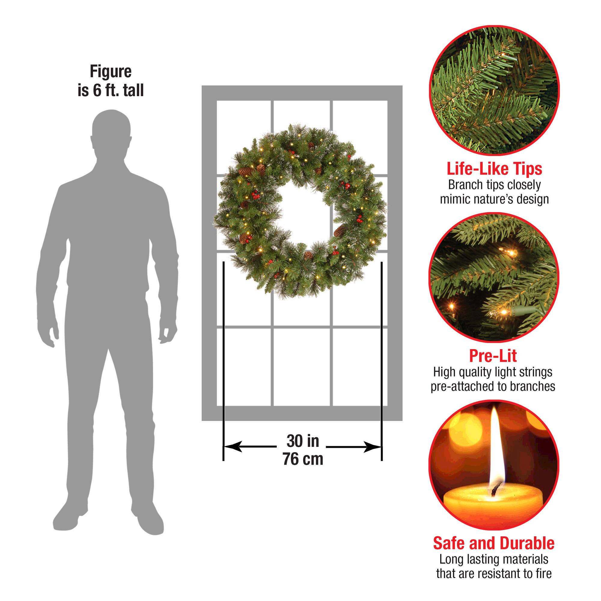 30" Crestwood® Spruce Wreath with Cones, Red Berries, Glitter & 70ct. Warm White Battery Operated LED Lights with Timer